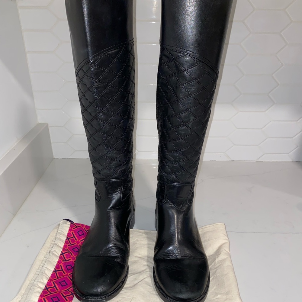 Tory Burch, Black Quilted Leather Riding Boots
